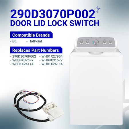 290D3070P002 Door Lid Lock Switch Assembly, product graphic with the switch beside a top-load washer