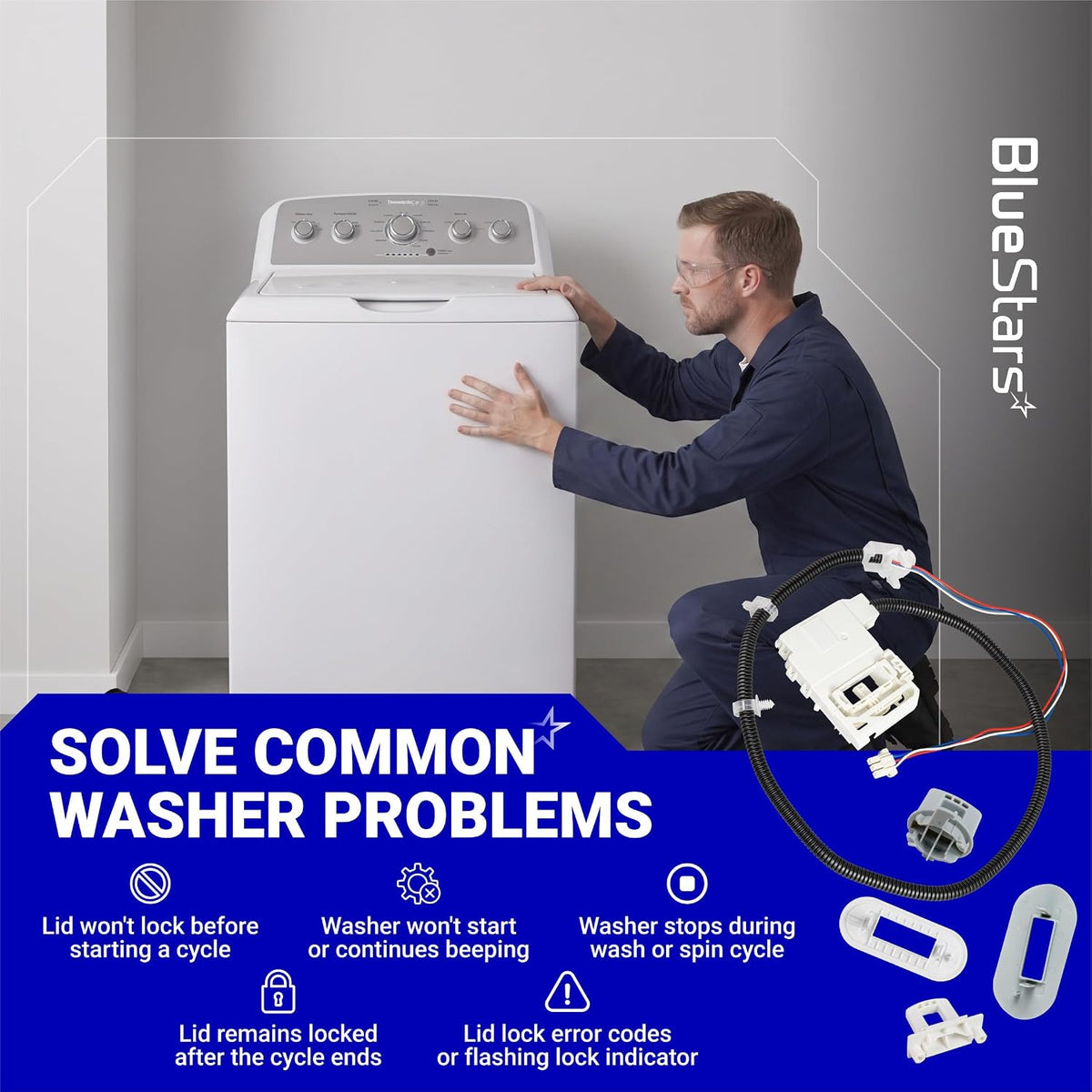 290D3070P002 Door Lid Lock Switch Assembly marketing graphic showing washer, technician, harness and lock error symptoms