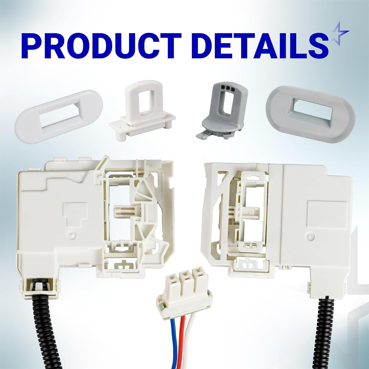 290D3070P002 Door Lid Lock Switch Assembly product details showing front, back, components, and wired connector