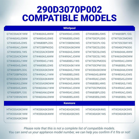290D3070P002 Lid Lock Switch Assembly compatibility chart for Whirlpool and Kenmore models