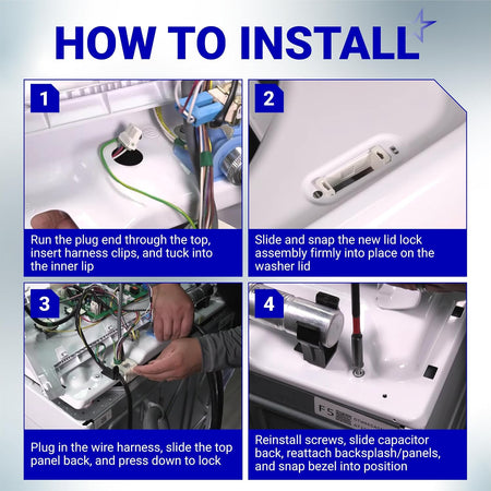 290D3070P002 GE Hotpoint lid lock switch installation guide showing four washer installation steps