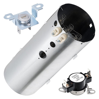 Dryer heating element assembly with thermal limiter and thermostat for Electrolux and Frigidaire dryers.