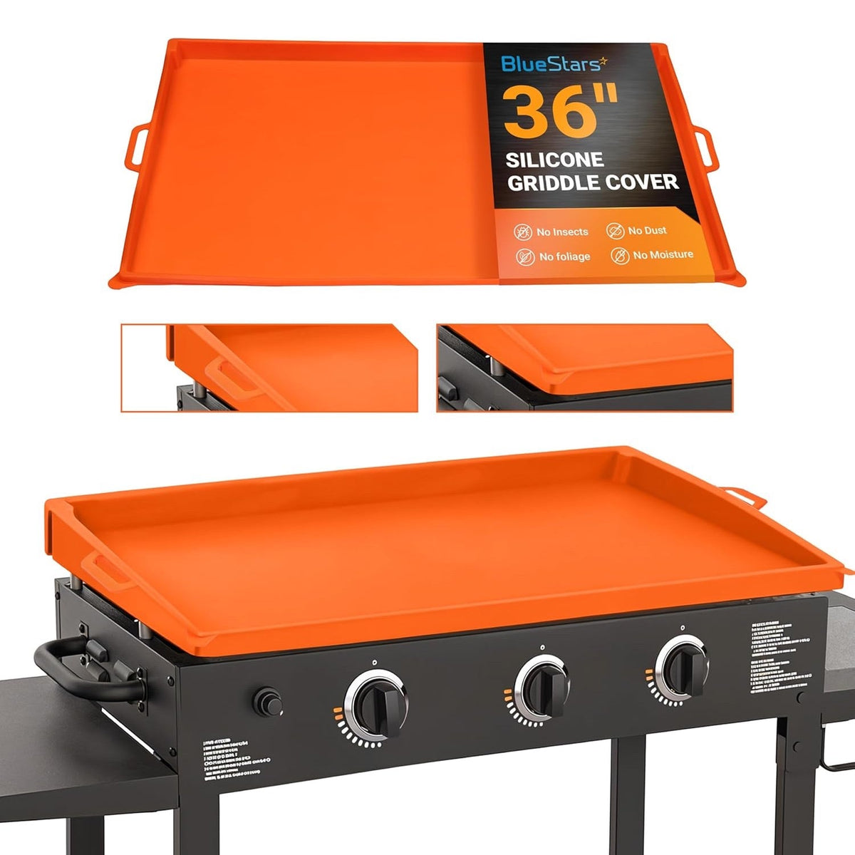 Orange 36-inch silicone griddle cover shown installed on a flat top grill with protective packaging details.