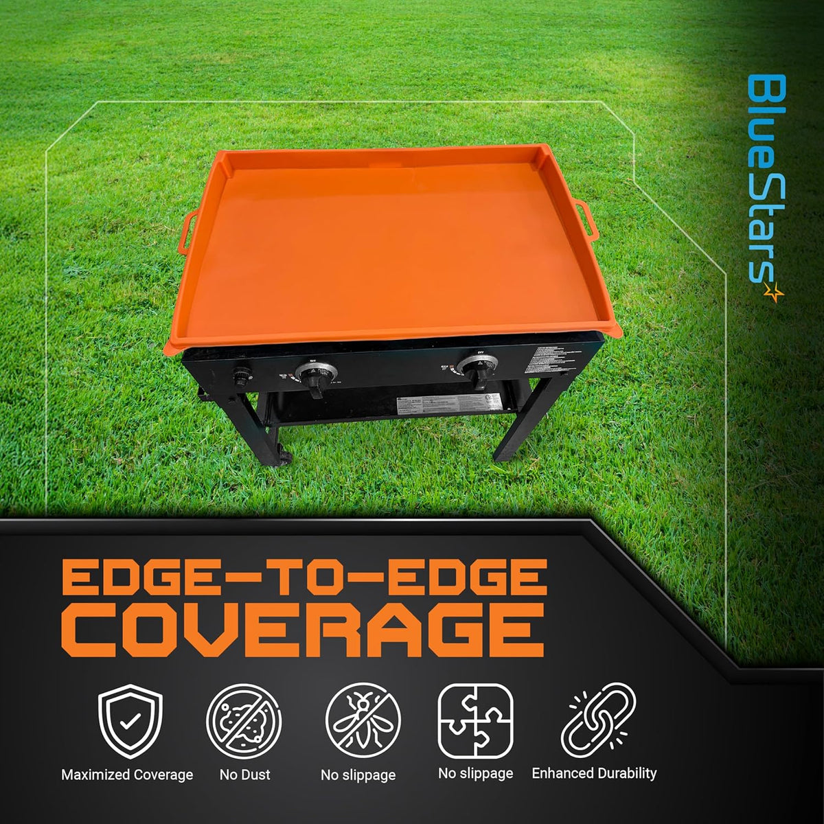 Orange 36-inch silicone griddle cover providing edge-to-edge protection on an outdoor grill.