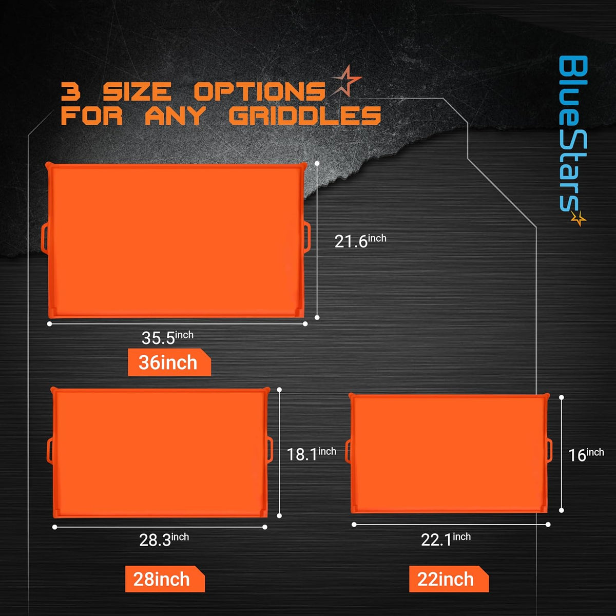 Comparison chart showing dimensions for 22-inch, 28-inch, and 36-inch silicone griddle covers.