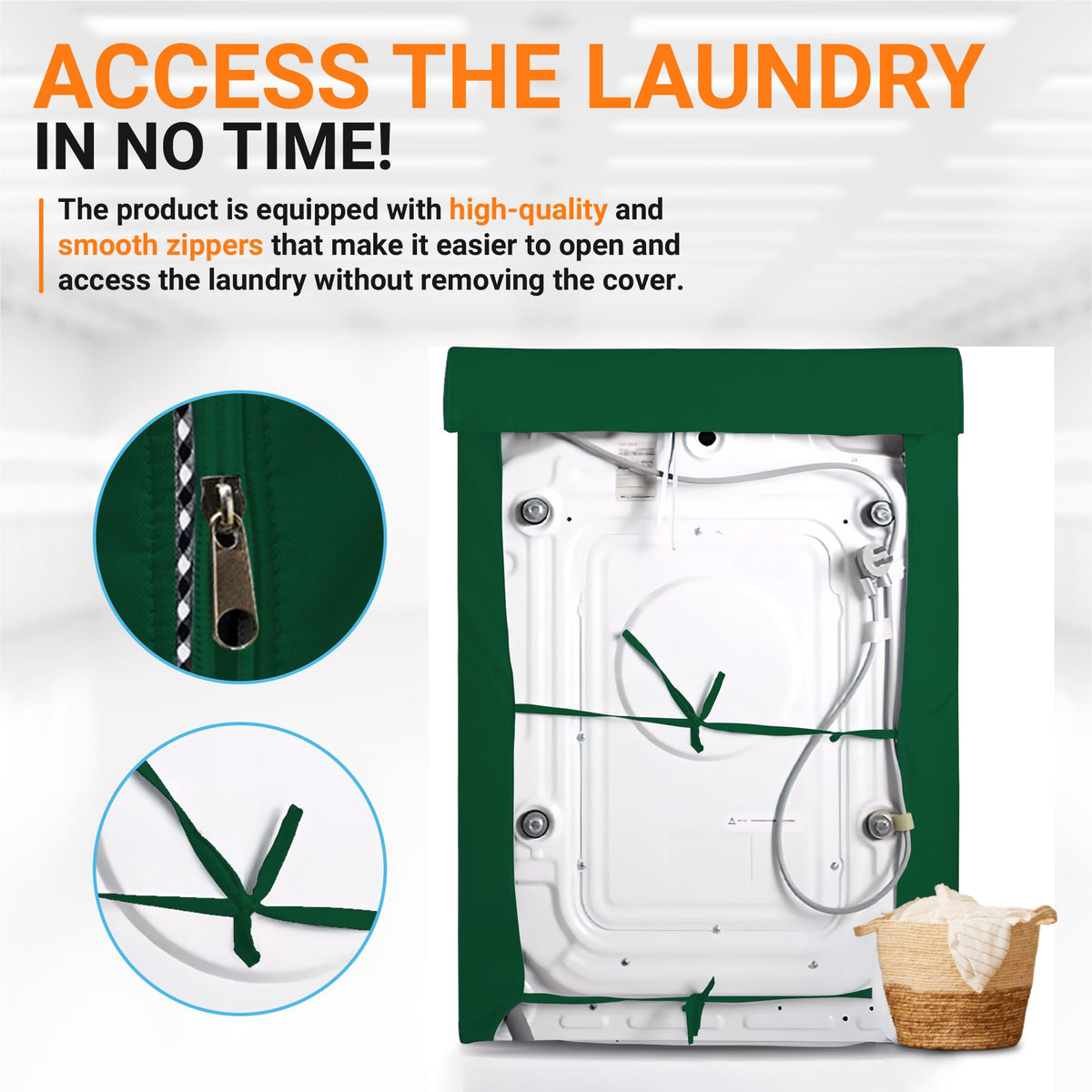 Green top-load washing machine cover featuring close-up details of the smooth zipper and secure tie-back straps.