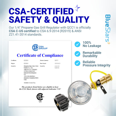 CSA-certified propane gas grill regulator with QCC1 quick connect fitting shown with certificate of compliance.