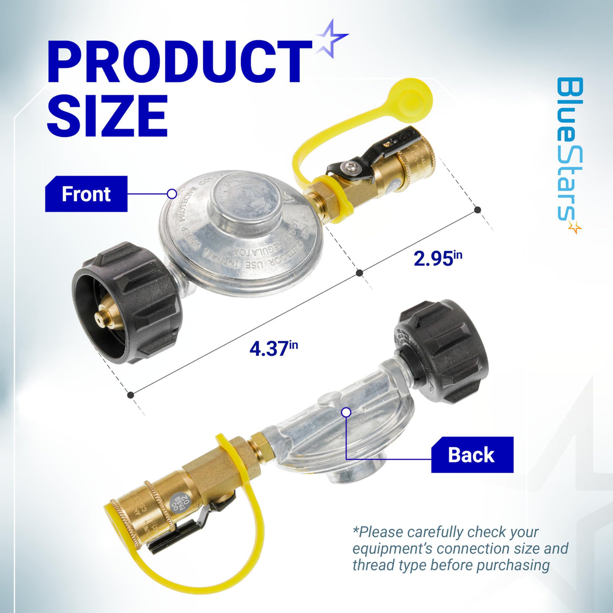 Propane gas grill regulator with QCC1 quick connect fitting showing front and back dimensions.