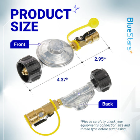 Propane gas grill regulator with QCC1 quick connect fitting showing front and back dimensions.