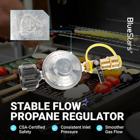 Propane gas grill regulator with QCC1 fitting and quick connect adapter, featuring CSA certification detail.