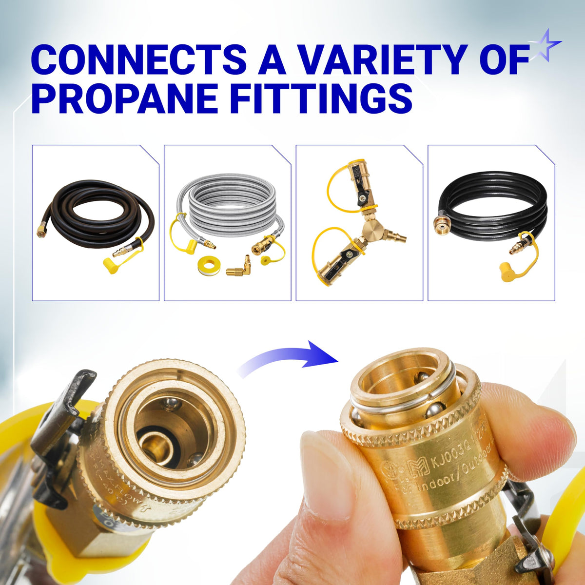 Close-up of brass propane quick connect adapter showing the internal locking mechanism and fitting connection.