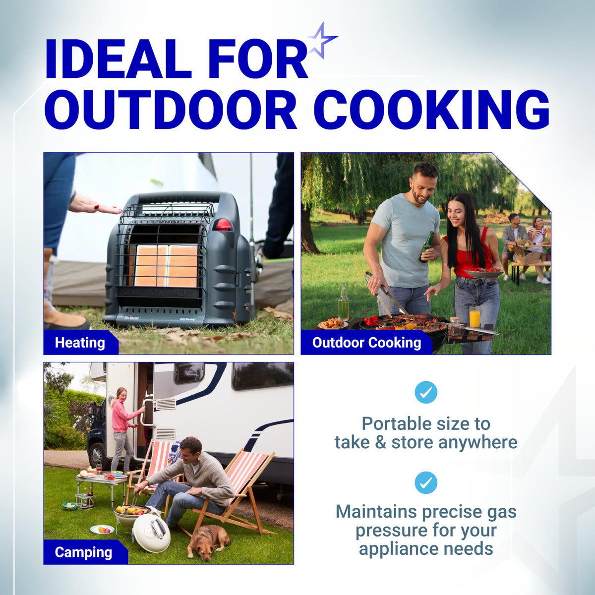 Lifestyle collage showing propane gas grill regulator and quick connect adapter used for outdoor cooking and camping.