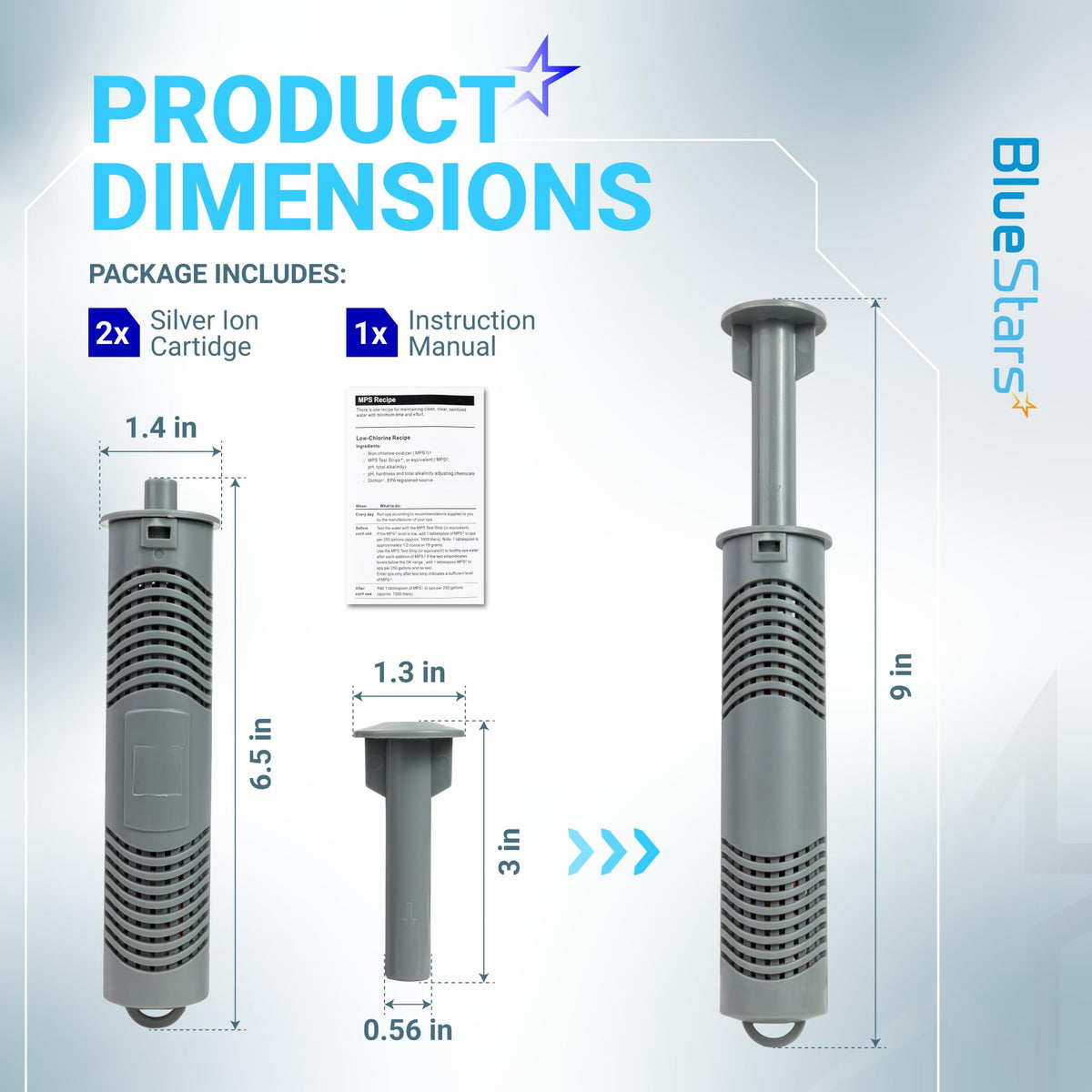 Infographic showing dimensions of a silver ion spa cartridge and instruction manual.