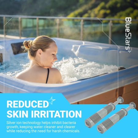Two silver ion hot tub mineral sanitizer sticks for cleaner spa water and reduced skin irritation.