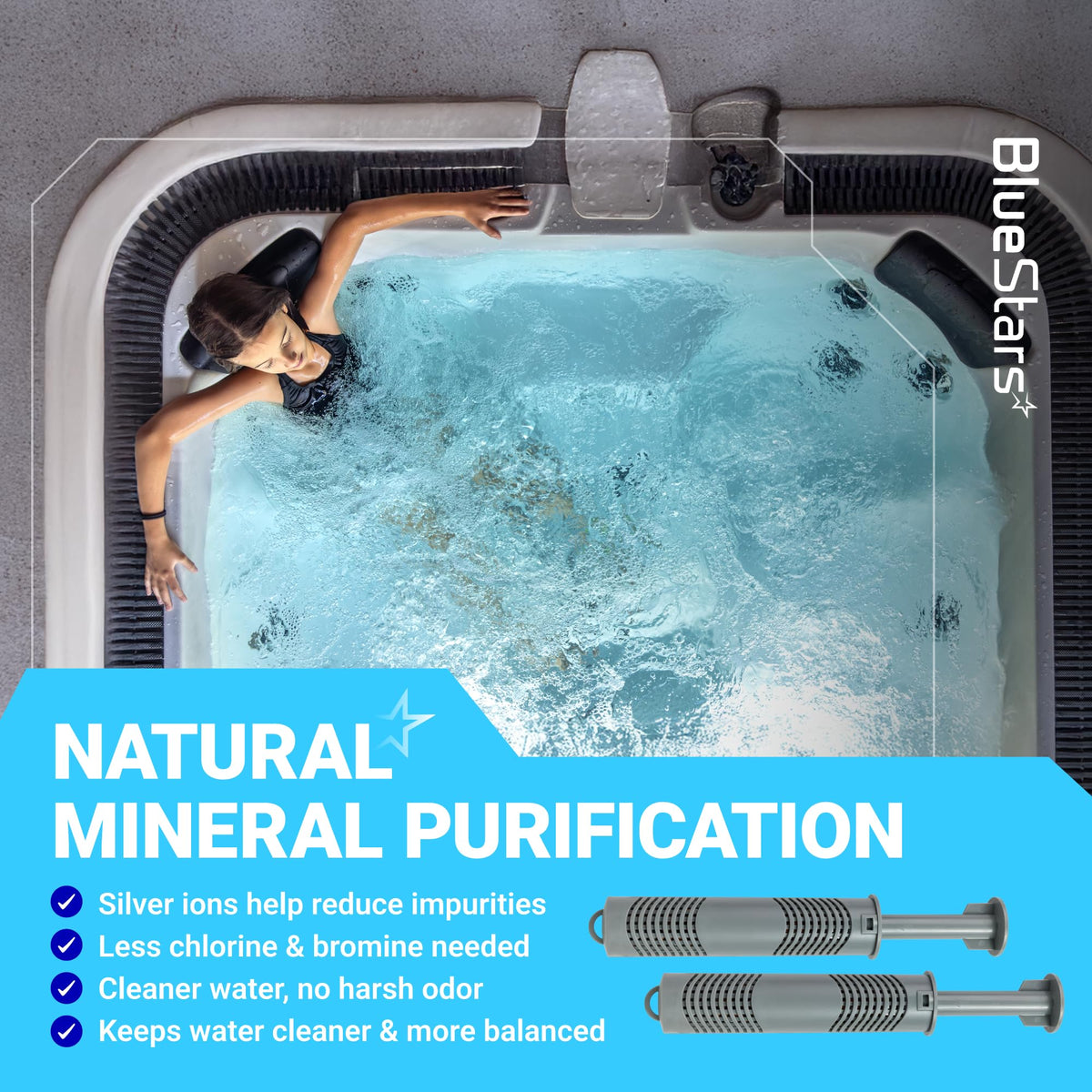 Two grey mineral sanitizer sticks for hot tub water purification with natural silver ions.