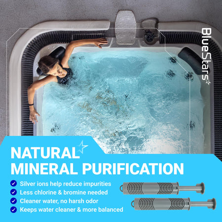 Two grey mineral sanitizer sticks for hot tub water purification with natural silver ions.