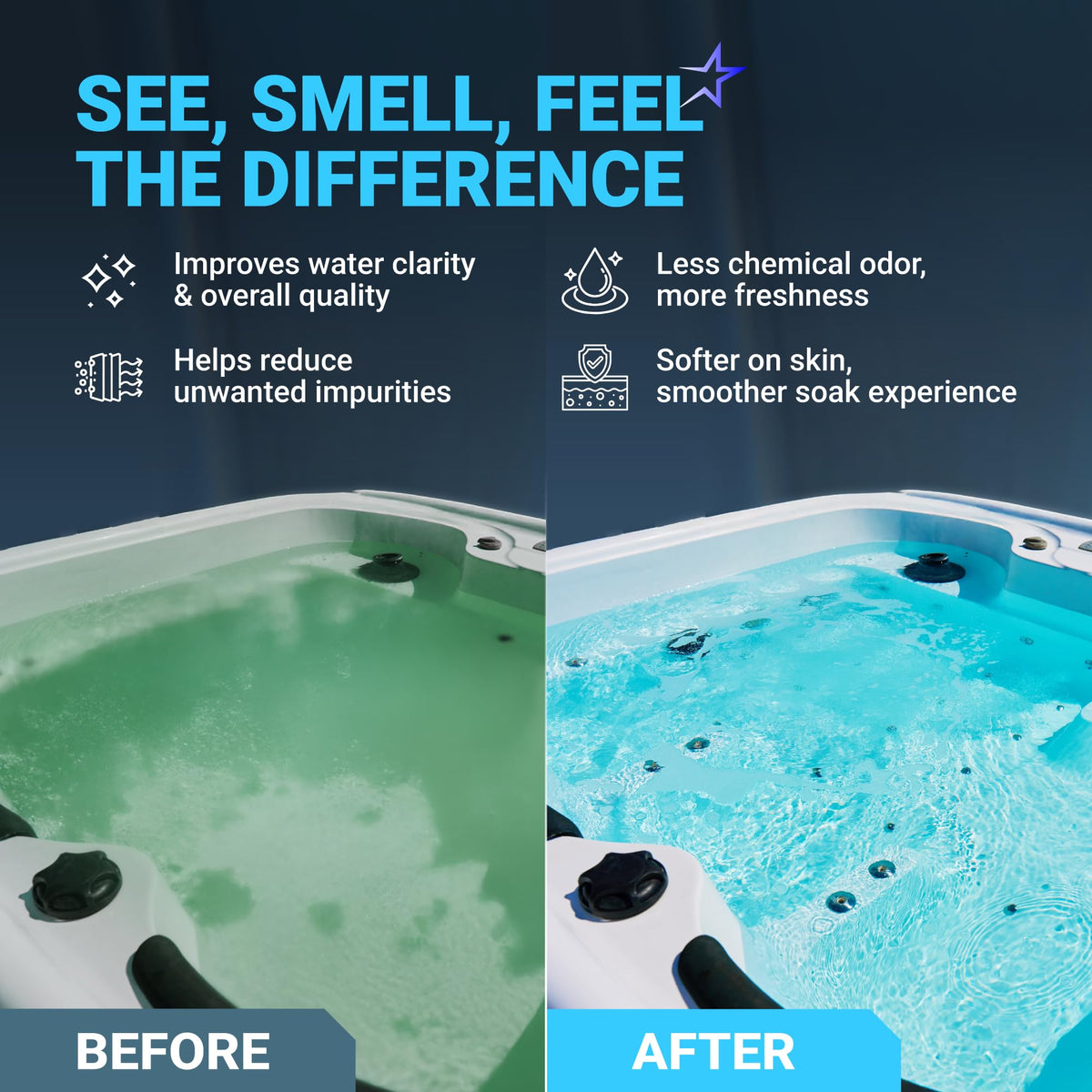 Before and after comparison of hot tub water clarity, showing improved quality and reduced impurities.
