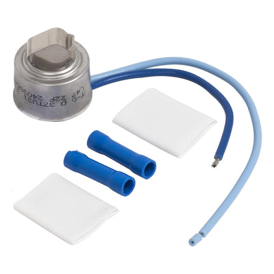 5303918202 refrigerator defrost thermostat with wire leads, blue crimp connectors, and heat shrink tubing.