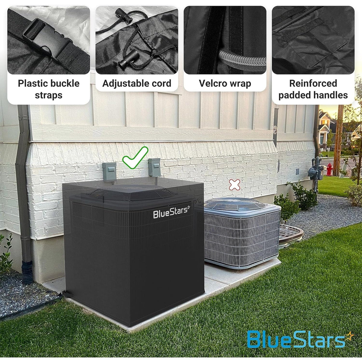 Black waterproof central air conditioner cover showing features like buckle straps, adjustable cords, and padded handles.