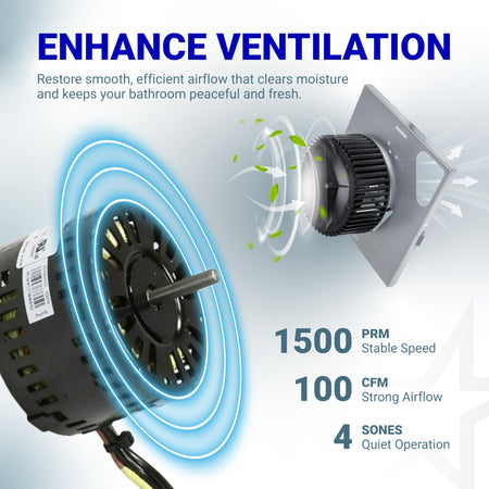 S97015157 bathroom exhaust fan motor assembly showing airflow performance specifications and fan blade operation.
