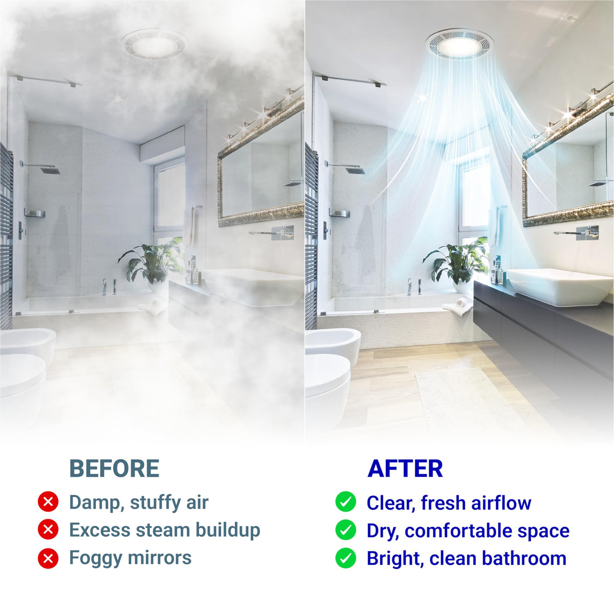 Before and after comparison of a bathroom exhaust fan removing steam and improving air quality.