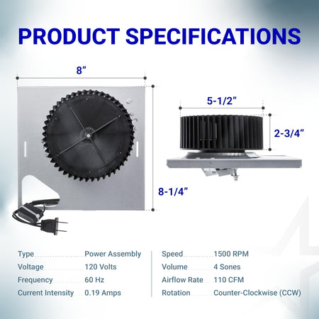 S97015157 bathroom exhaust fan motor assembly technical specification diagram with dimensions and performance data.