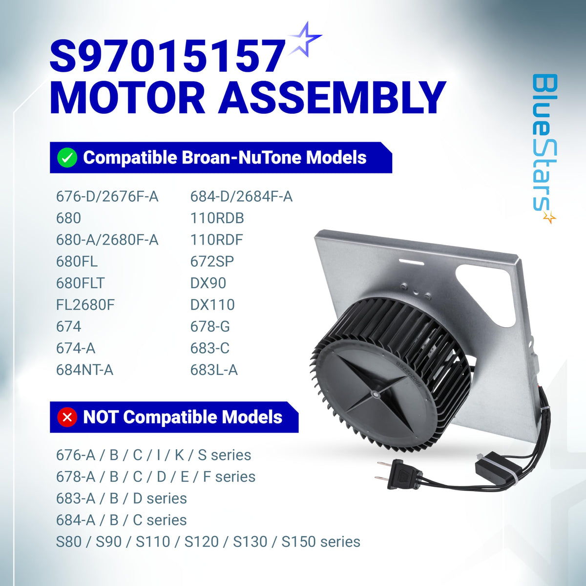 S97015157 bathroom exhaust fan motor assembly with compatibility list for Broan NuTone models.