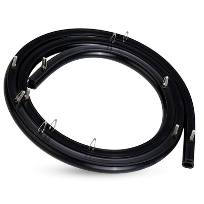 Black range oven door seal gasket with metal mounting clips coiled for installation.