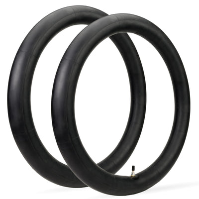 Two 2.75/3.00-19 inch heavy-duty butyl rubber motorcycle inner tubes with TR4 straight valve stems.