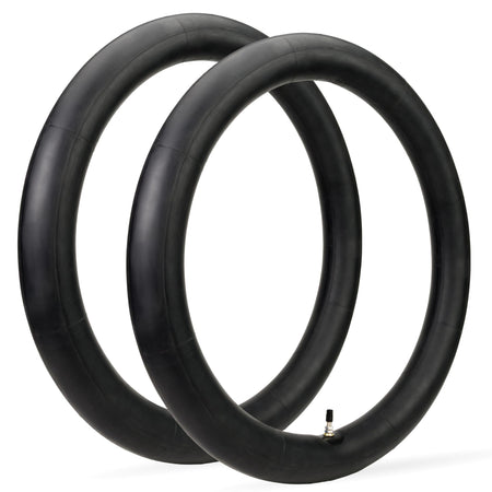 Two 2.75/3.00-19 inch heavy-duty butyl rubber motorcycle inner tubes with TR4 straight valve stems.
