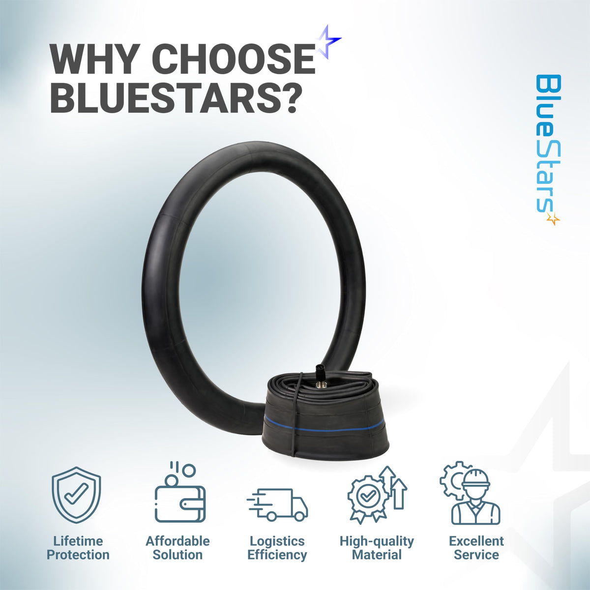 Heavy-duty 19-inch motorcycle inner tube with TR4 straight valve stem and BlueStars brand service infographic.