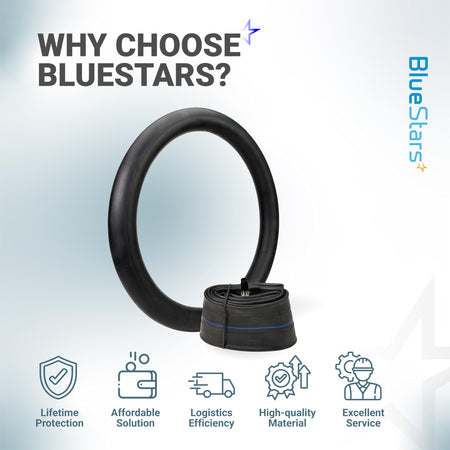 Heavy-duty 19-inch motorcycle inner tube with TR4 straight valve stem and BlueStars brand service infographic.