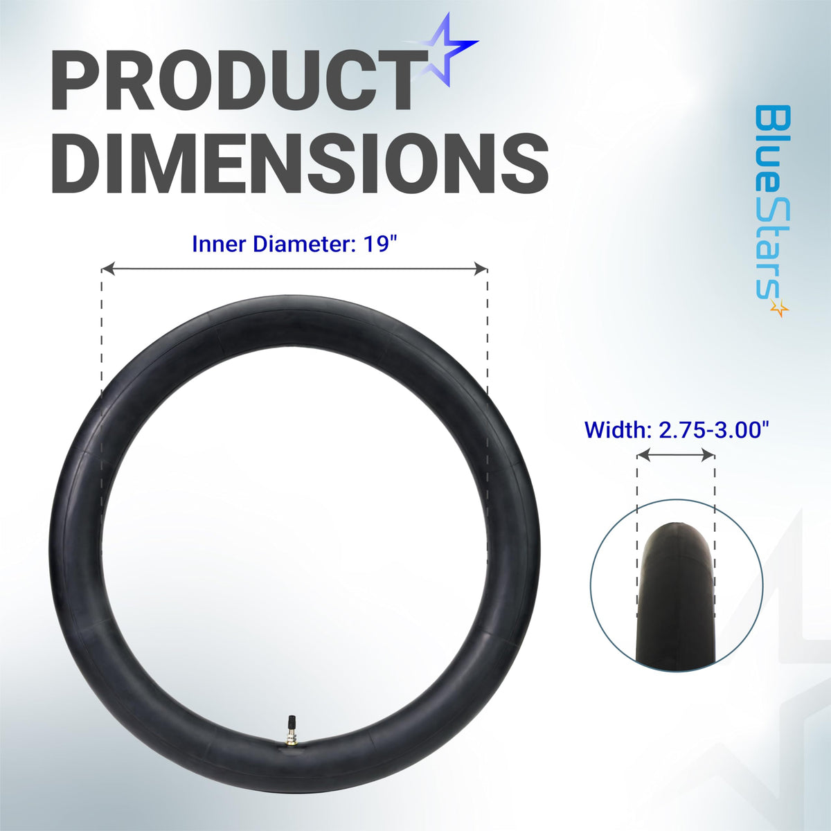 Dimension diagram for 19-inch motorcycle inner tube showing 2.75-3.00 inch width and TR4 valve stem.