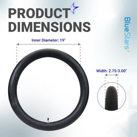 Dimension diagram for 19-inch motorcycle inner tube showing 2.75-3.00 inch width and TR4 valve stem.