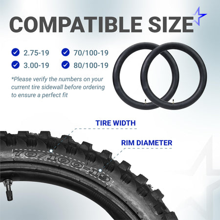 Infographic showing compatible tire sizes for 19-inch motorcycle inner tubes with TR4 valve stems.