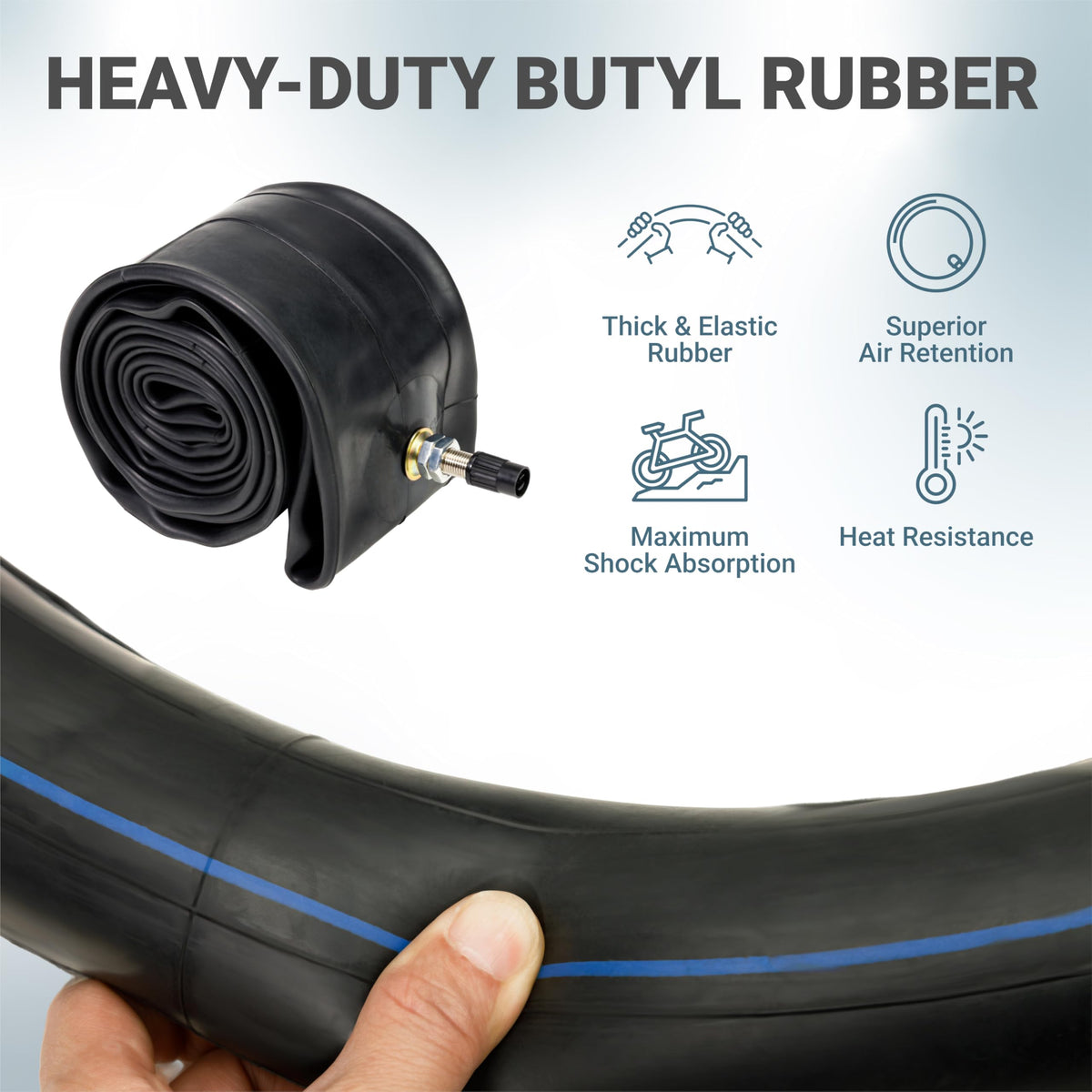 Heavy-duty 19-inch butyl rubber motorcycle inner tube with TR4 straight valve stem and feature infographic.