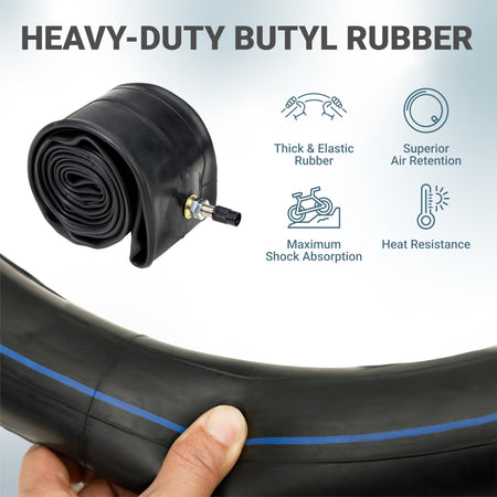 Heavy-duty 19-inch butyl rubber motorcycle inner tube with TR4 straight valve stem and feature infographic.