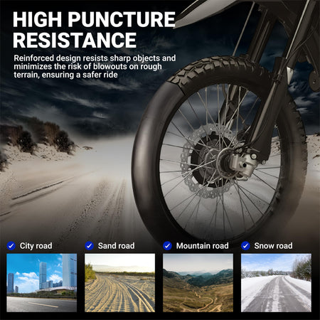Infographic showing heavy-duty motorcycle inner tube puncture resistance for Surron and Talaria on various terrains.
