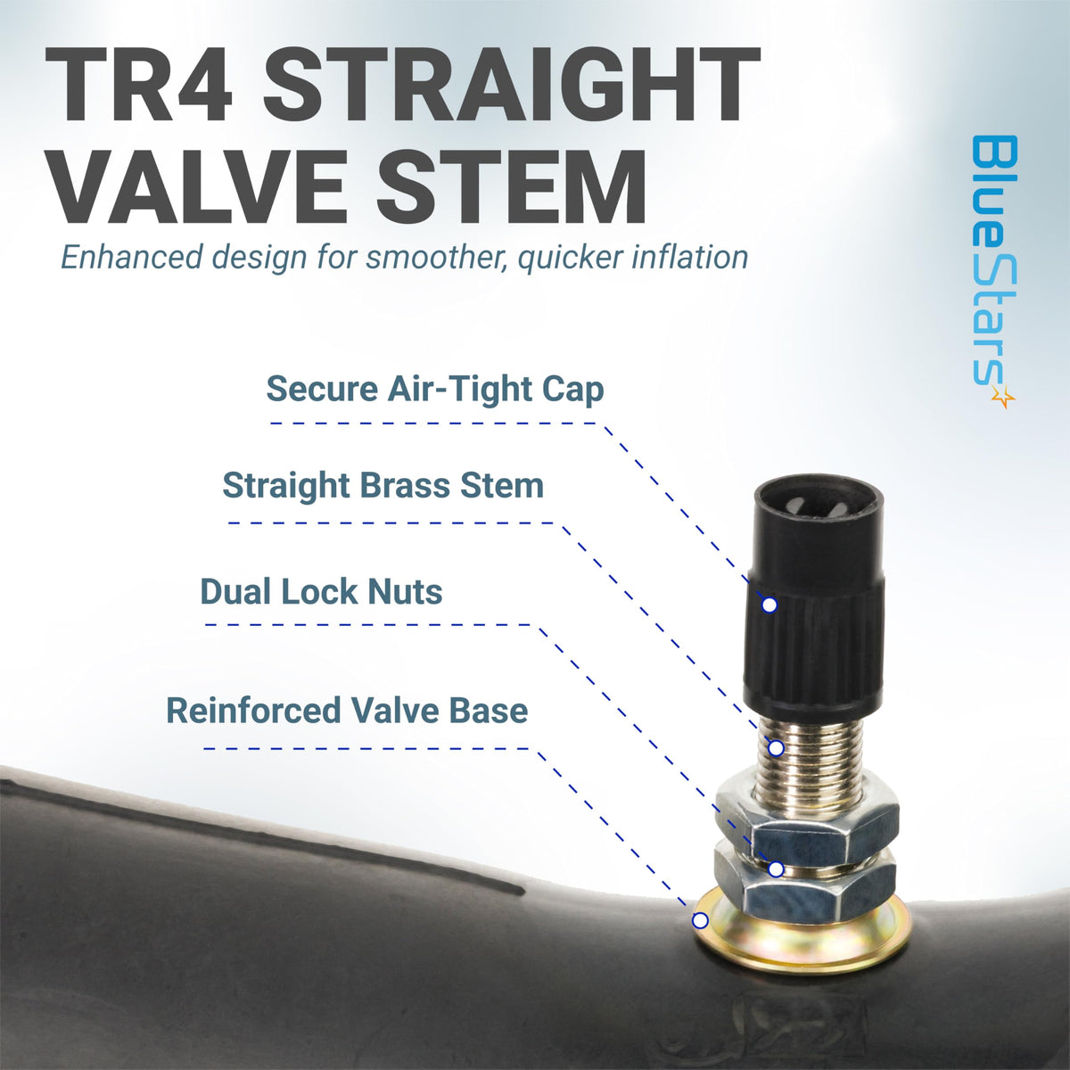 Close-up of motorcycle inner tube TR4 straight valve stem with air-tight cap, dual lock nuts, and reinforced base.