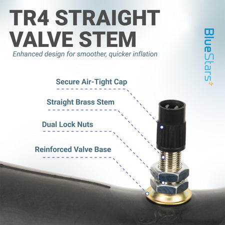 Close-up of motorcycle inner tube TR4 straight valve stem with air-tight cap, dual lock nuts, and reinforced base.