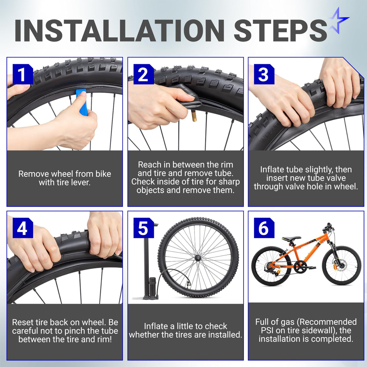 Six-step installation guide for replacing a 19-inch motorcycle inner tube on a wheel rim.