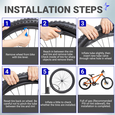 Six-step installation guide for replacing a 19-inch motorcycle inner tube on a wheel rim.