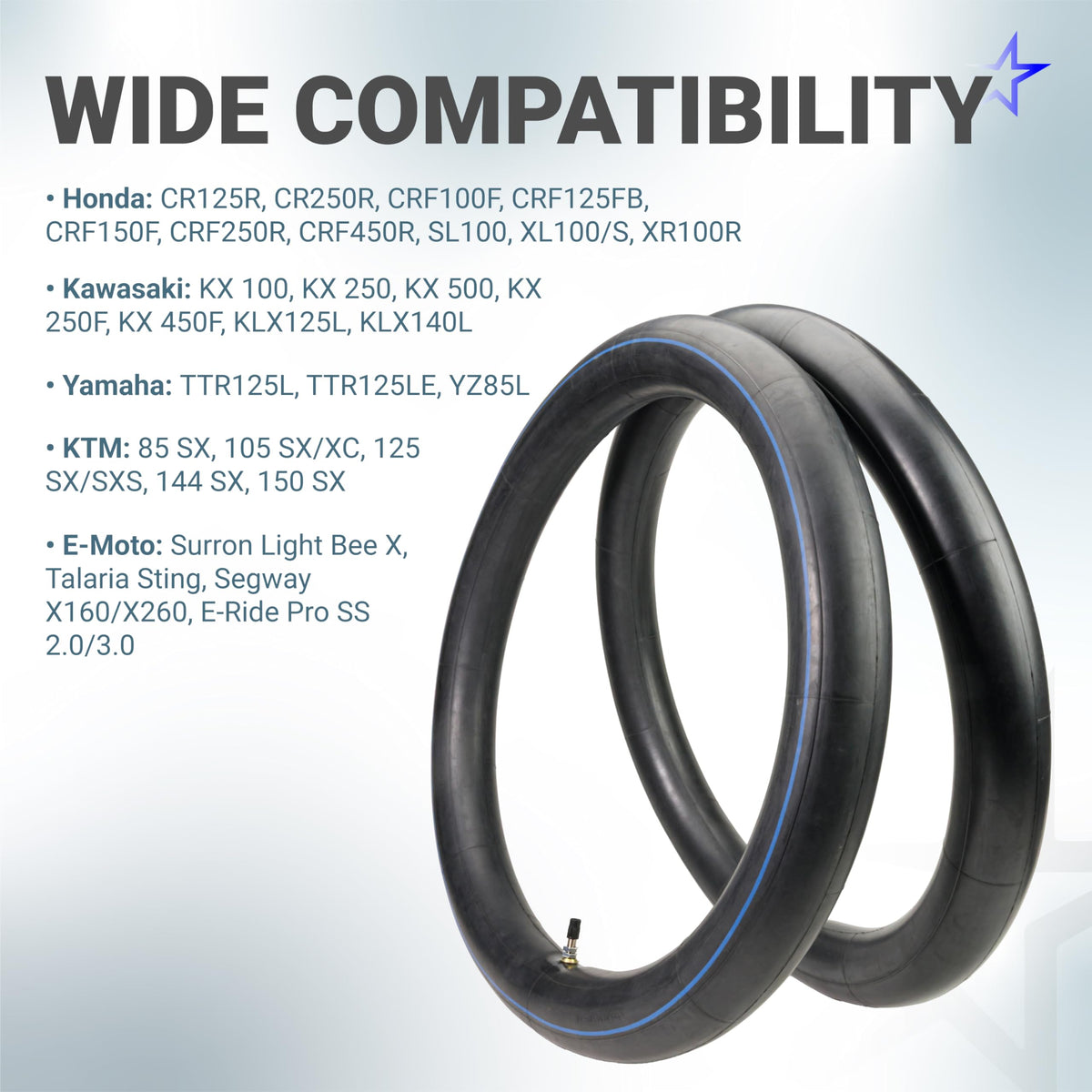 Two 19-inch heavy-duty motorcycle inner tubes with compatibility list for Surron, Talaria, and dirt bikes.