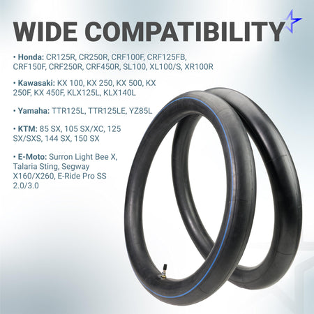 Two 19-inch heavy-duty motorcycle inner tubes with compatibility list for Surron, Talaria, and dirt bikes.