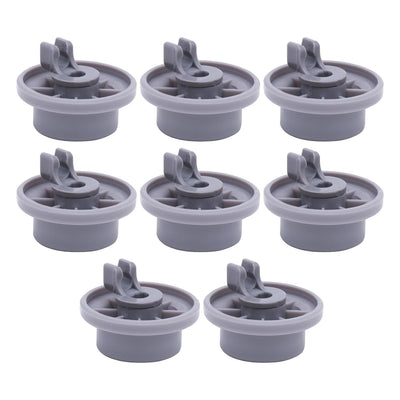 Pack of 8 grey dishwasher lower rack wheels compatible with Bosch and Kenmore dishwashers.