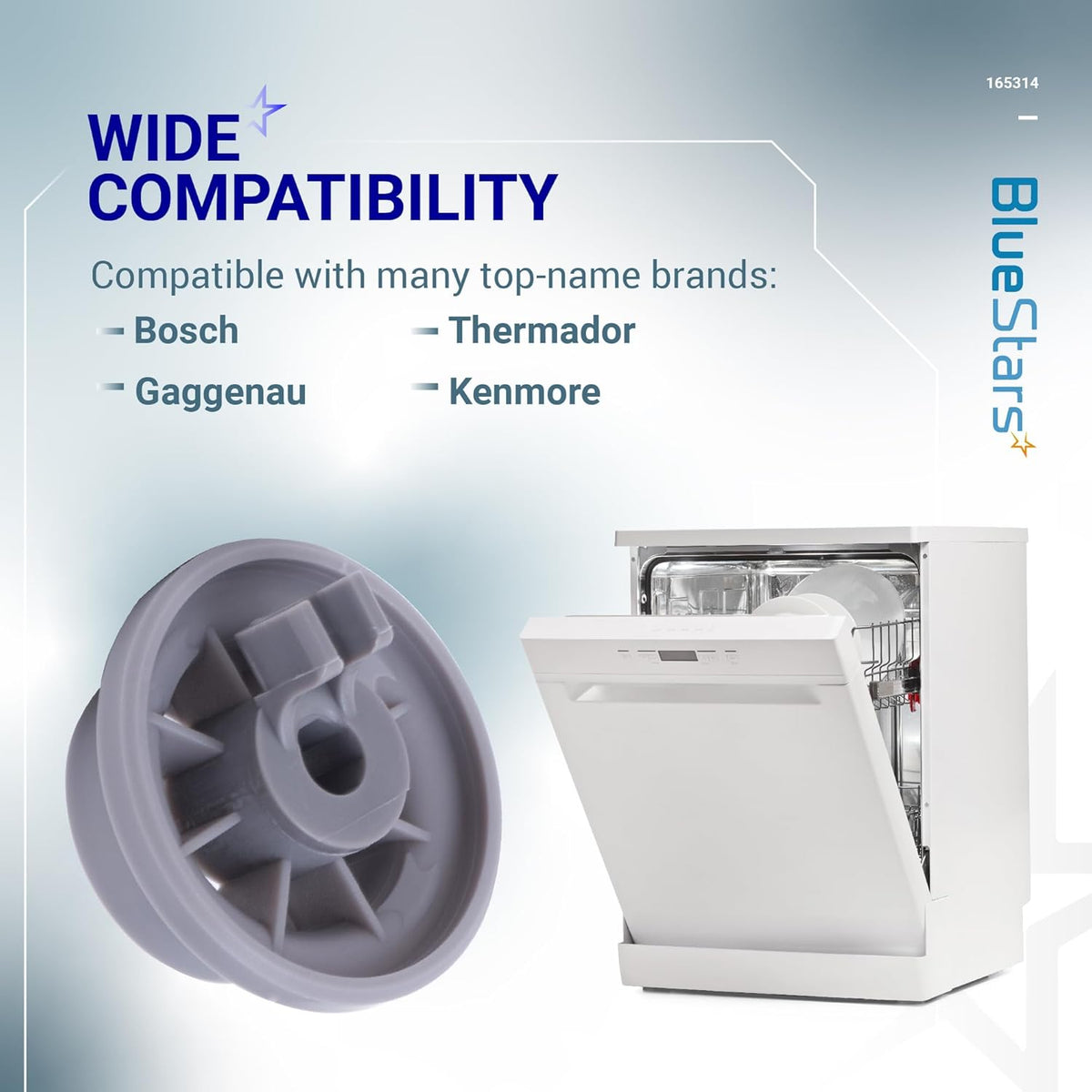 165314 dishwasher lower rack wheel compatibility graphic showing part detail and dishwasher brand list.