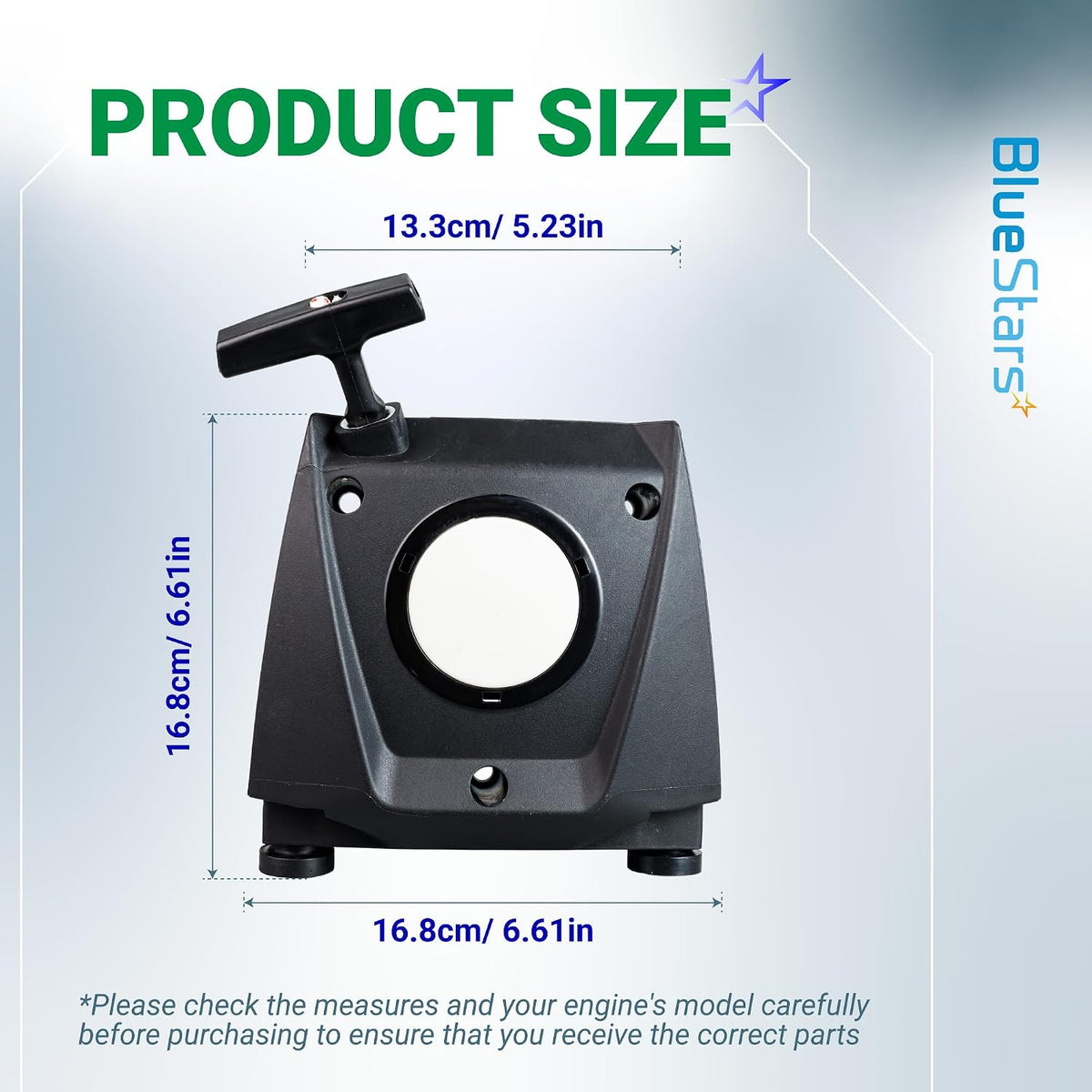 4283-190-4001 Recoil Pull Starter, product size diagram showing 13.3cm width and 16.8cm height and base dimensions