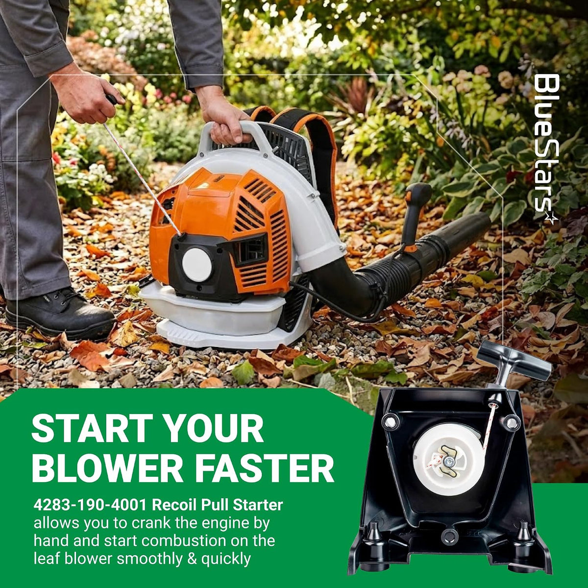 4283-190-4001 Recoil Pull Starter shown beside a Stihl blower during startup, with the starter assembly inset