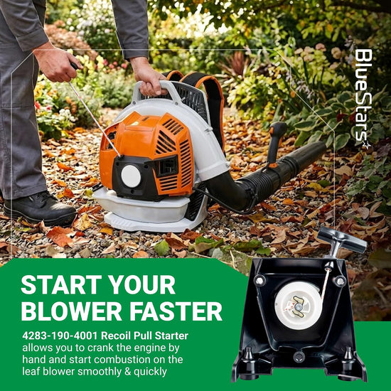 4283-190-4001 Recoil Pull Starter shown beside a Stihl blower during startup, with the starter assembly inset