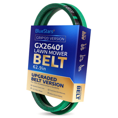 GX26401 green traction drive V-belt for John Deere ZTrak mowers in BlueStars retail packaging.